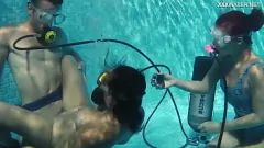 Play Candy and Lizzy have a wild underwater fuck session with their stepbrother Mike in the pool